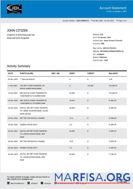 Downloadable Pakistan UBL bank statement word 2 pages real example